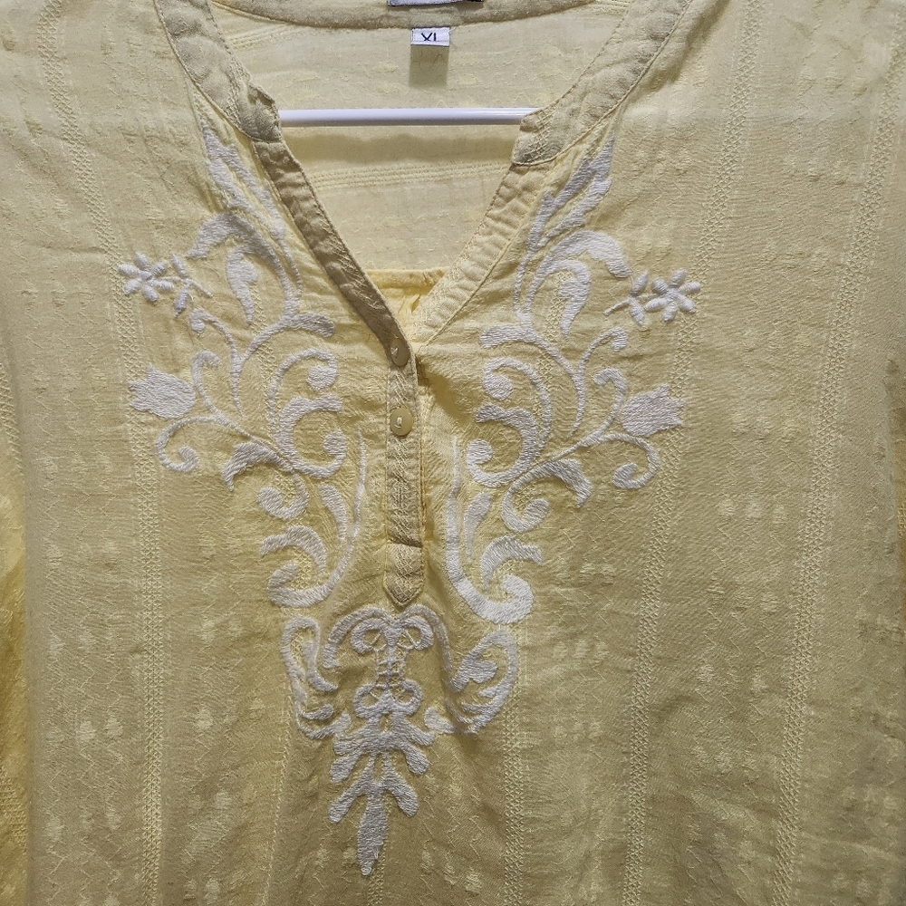 Rebecca Malone Buttery Yellow Cotton Popover Blouse Embroidered Trim Size XL - Picture 4 of 6